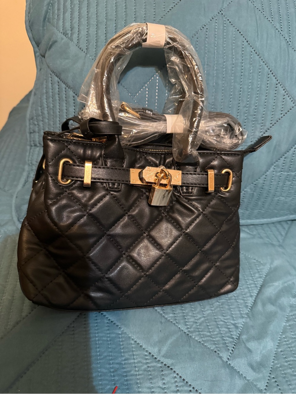 Black Quilted Tote Handbag with Gold Hardware